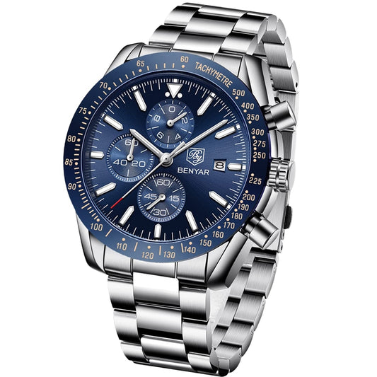 BENYAR herenhorloge – quartz chronograaf, datumaanduiding, waterdicht, roestvrijstalen band, blauw