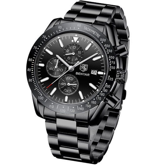 BENYAR herenhorloge – quartz chronograaf, datumaanduiding, waterdicht, volledig zwart roestvrij staal