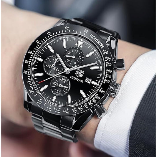 BENYAR herenhorloge – quartz chronograaf, datumaanduiding, waterdicht, volledig zwart roestvrij staal