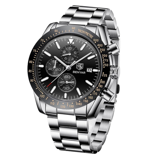 BENYAR herenhorloge – quartz chronograaf, datumaanduiding, waterdicht, roestvrijstalen band