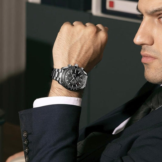 BENYAR herenhorloge – quartz chronograaf, datumaanduiding, waterdicht, roestvrijstalen band
