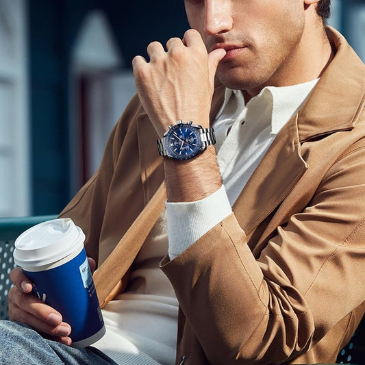 BENYAR herenhorloge – quartz chronograaf, datumaanduiding, waterdicht, roestvrijstalen band, blauw