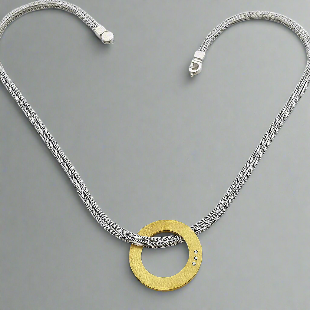 Vintage - 925 Zilveren Ketting met Verguld Cirkel Hanger en Diamanten van 0.036 ct