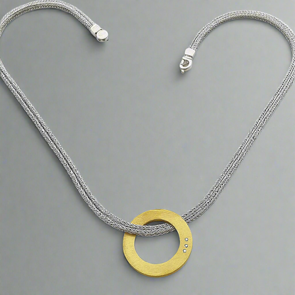 Vintage - 925 Zilveren Ketting met Verguld Cirkel Hanger en Diamanten van 0.036 ct