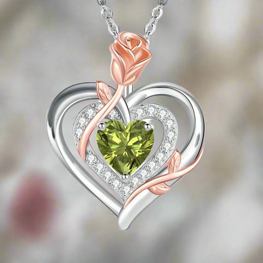 925 Zilveren Roos Hart Ketting met Groene Zirkonia