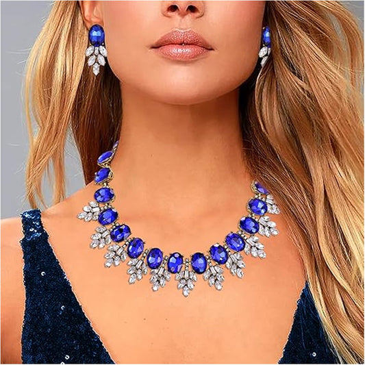 Zestaw biżuterii Vintage Statement – ​​naszyjnik typu choker i kolczyki z niebieskimi kryształami, odcień starego złota