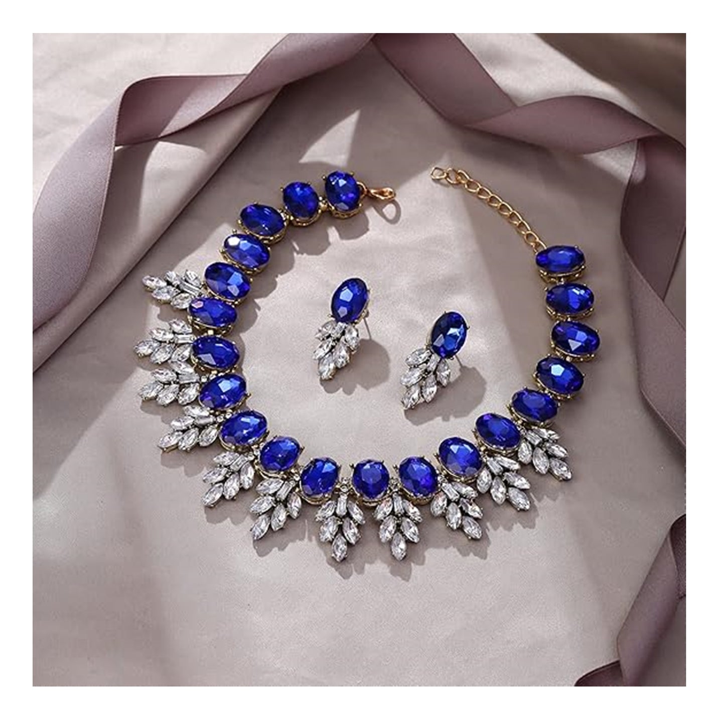 Zestaw biżuterii Vintage Statement – ​​naszyjnik typu choker i kolczyki z niebieskimi kryształami, odcień starego złota