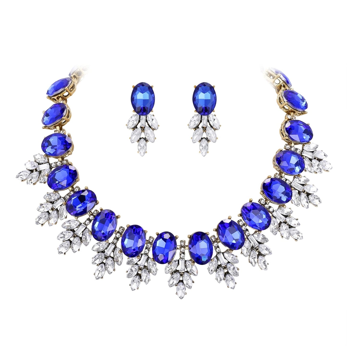 Zestaw biżuterii Vintage Statement – ​​naszyjnik typu choker i kolczyki z niebieskimi kryształami, odcień starego złota