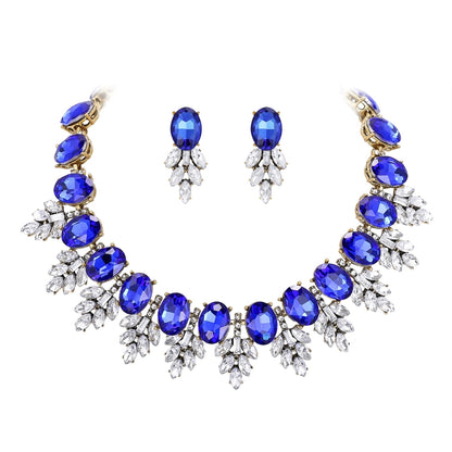 Zestaw biżuterii Vintage Statement – ​​naszyjnik typu choker i kolczyki z niebieskimi kryształami, odcień starego złota