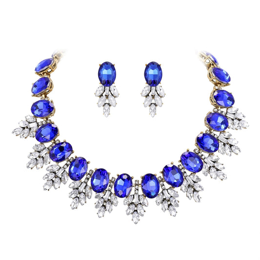 Zestaw biżuterii Vintage Statement – ​​naszyjnik typu choker i kolczyki z niebieskimi kryształami, odcień starego złota