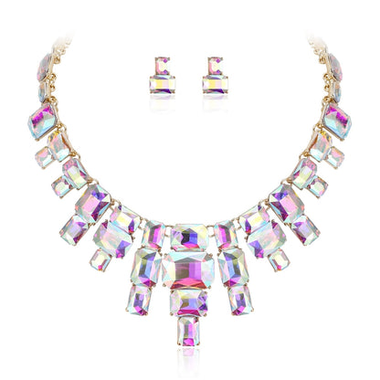 Set Bijuterii Statement Iridescent – Colier Masiv și Cercei Tip Stud, Cristale Art Deco, Stil Vintage
