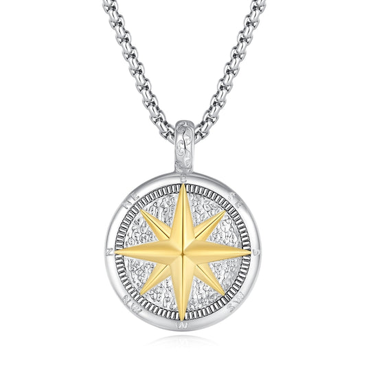 Men’s Compass Pendant Necklace – Silver Stainless Steel Chain with Gold-Tone Details