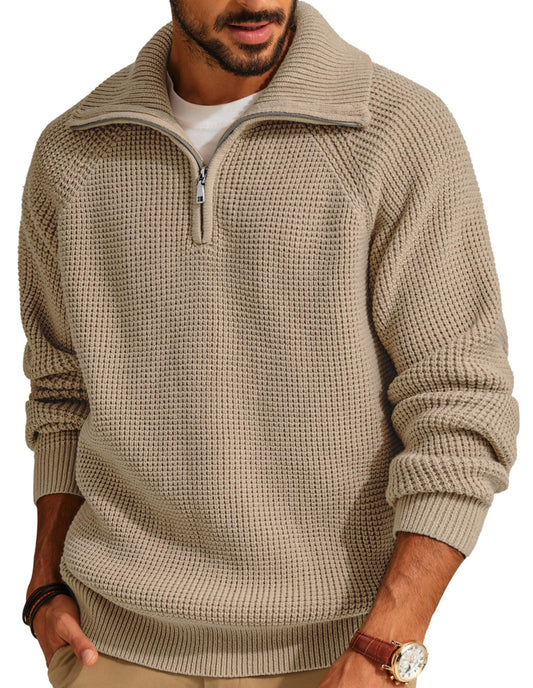 Pulover Bărbați PJ PAUL JONES – Guler Înalt, Fermoar V-Neck, Tricot Tip Waffle, Mărimea S, Kaki