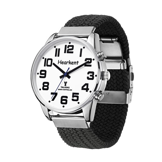 Sprekend Horloge met Duitse Stem – Grote Cijfers, Automatische Tijdinstelling, Voor Slechtzienden, Blinden of Senioren – Herenmodel met Zwarte Nylon Band