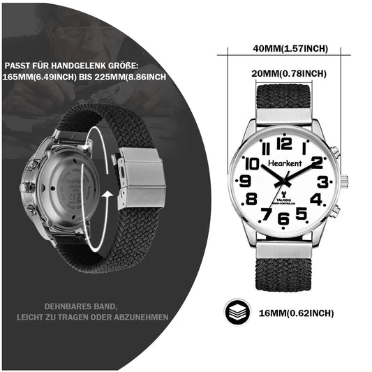 Sprekend Horloge met Duitse Stem – Grote Cijfers, Automatische Tijdinstelling, Voor Slechtzienden, Blinden of Senioren – Herenmodel met Zwarte Nylon Band