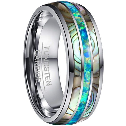 Tungsten Ring 8mm voor Dames en Heren – Hoogglans Ring met Groene Opaal en Abalone, Belofte- of Verlovingsring