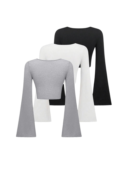 Set van 3 cropped dames-T-shirts met ronde hals en uitlopende mouwen – zwart, grijs en wit, maat M