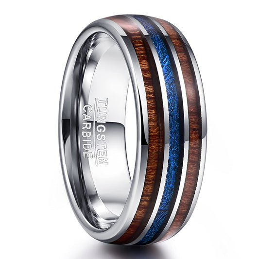 Herenring van Tungsten 8mm – Houten Inleg met Blauwe Middenstrook (Maat 69 / Ø 22mm / US 12)