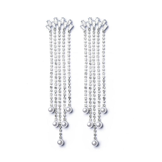 Cercei lungi cu cristale și perle artificiale – model elegant cu prindere tip stud, 11 cm