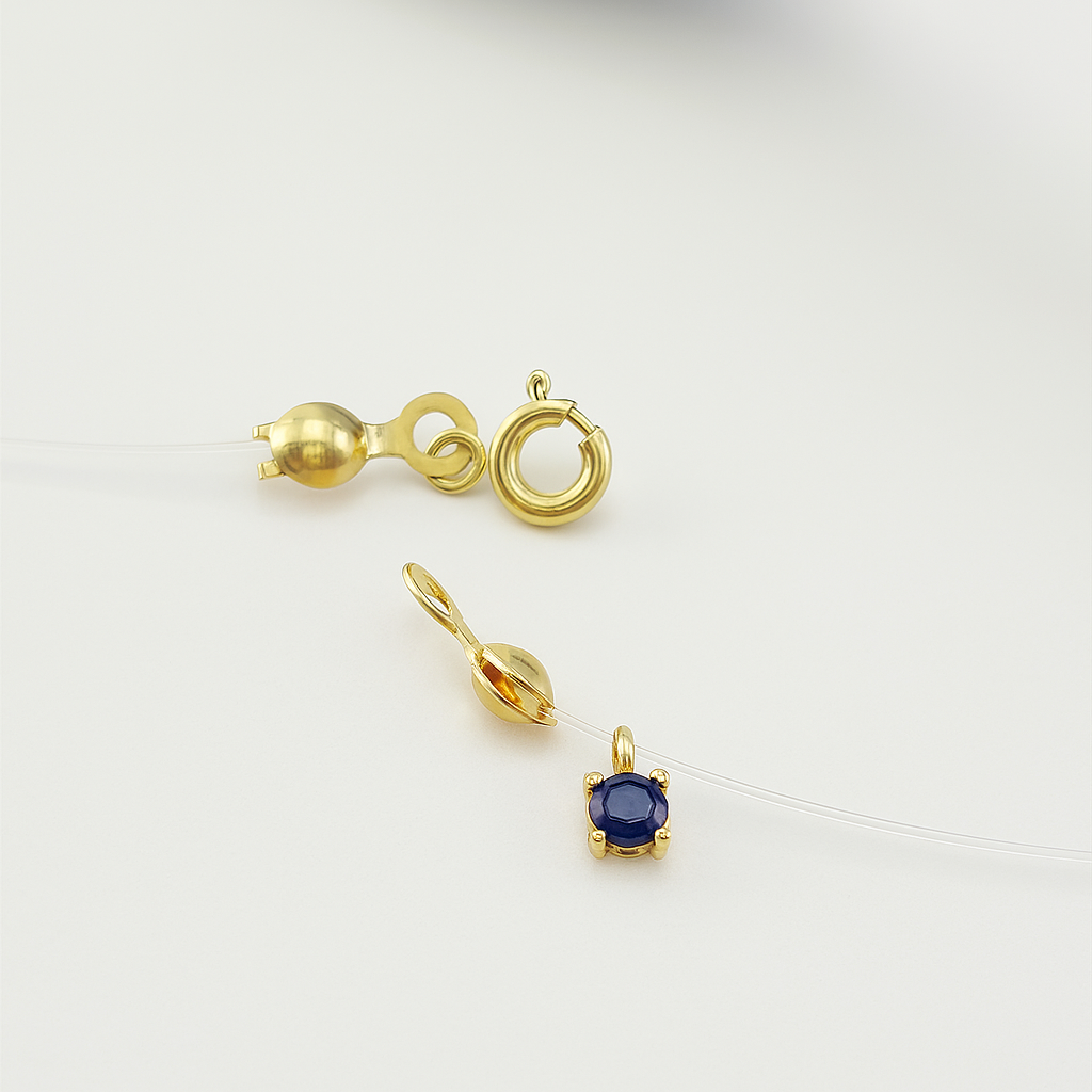 14K Gouden Ketting met Silicone Draad – 44 cm, met Blauwe Kristal