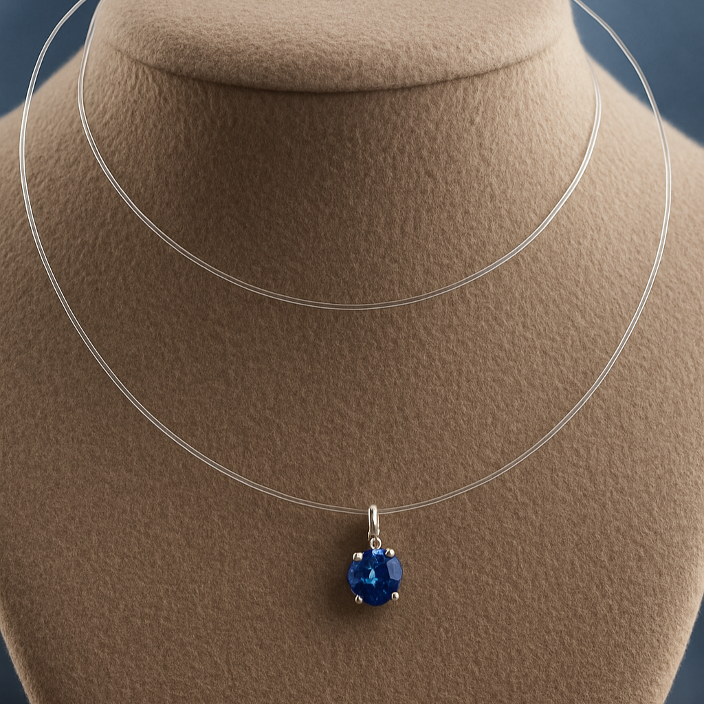 14K Gouden Ketting met Silicone Draad – 44 cm, met Blauwe Kristal