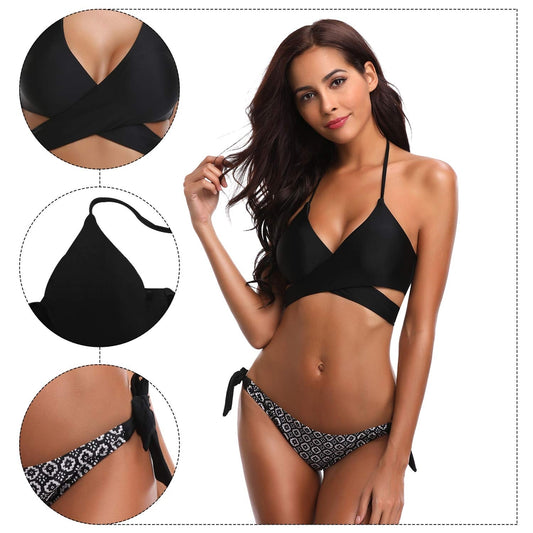 Women's 2-Piece Bikini Set – Criss Cross Halter Top with Low-Waist Printed Bottoms, Padded, Black, Size S
