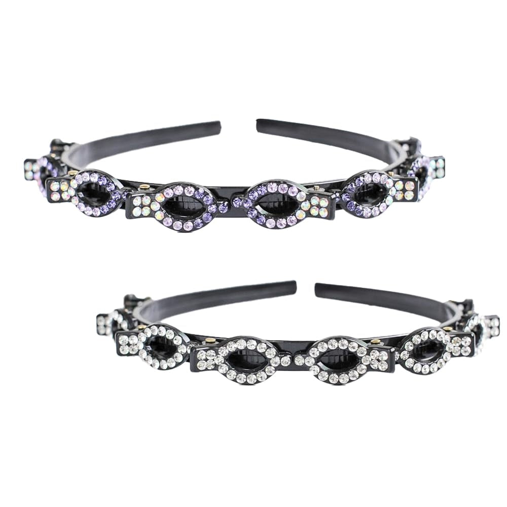 Set 2 benzi elastice de păr cu pietricele (alb + mov) – plastic cu strasuri, pentru fete, dans, petreceri, uz zilnic sau birou