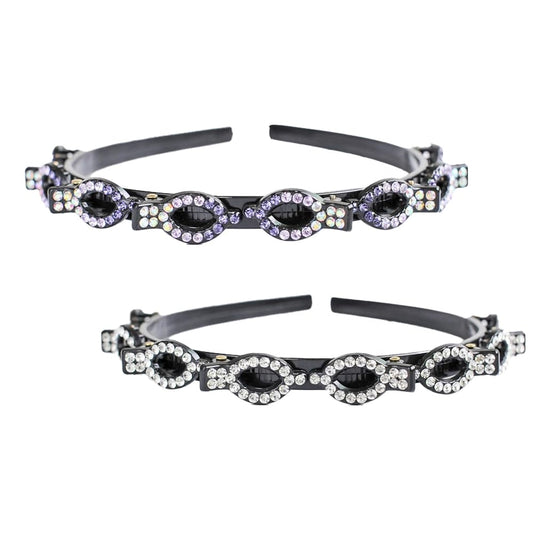 Set 2 benzi elastice de păr cu pietricele (alb + mov) – plastic cu strasuri, pentru fete, dans, petreceri, uz zilnic sau birou