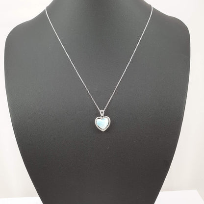 925 Zilveren Hart Ketting – Natuurlijke Larimar & Zirkonia, Gerhodineerd, 45,7 cm Ketting, 5,35 g