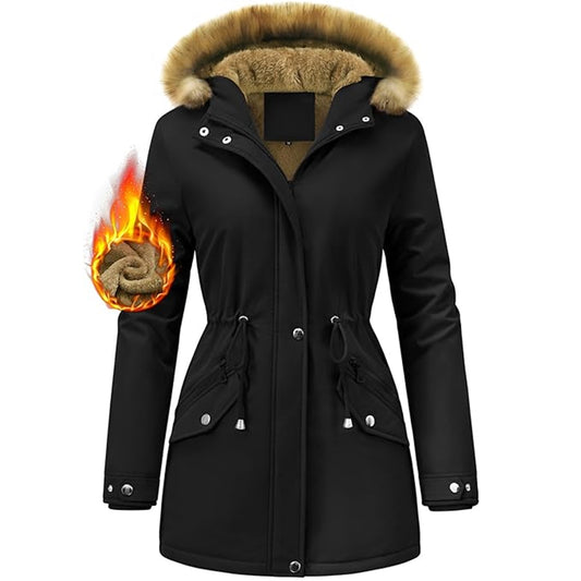 Dames winterjas parka – gevoerd met fleece, waterdicht, met bontkap, middellang model met rits en knopen, maat S, kleur zwart