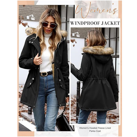 Dames winterjas parka – gevoerd met fleece, waterdicht, met bontkap, middellang model met rits en knopen, maat S, kleur zwart