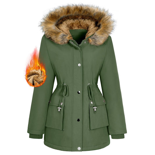 Dames winterjas parka – gevoerd met fleece, waterdicht, met bontkap, middellang model met rits en knopen, Maat L