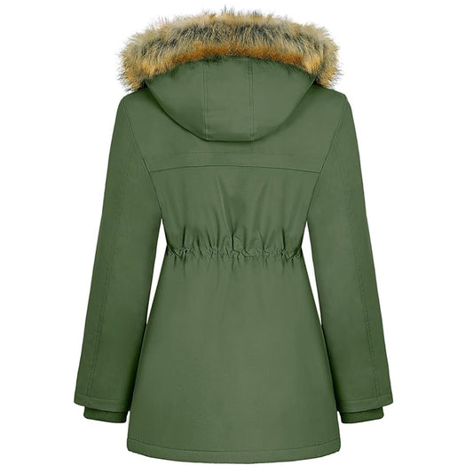 Dames winterjas parka – gevoerd met fleece, waterdicht, met bontkap, middellang model met rits en knopen, Maat L