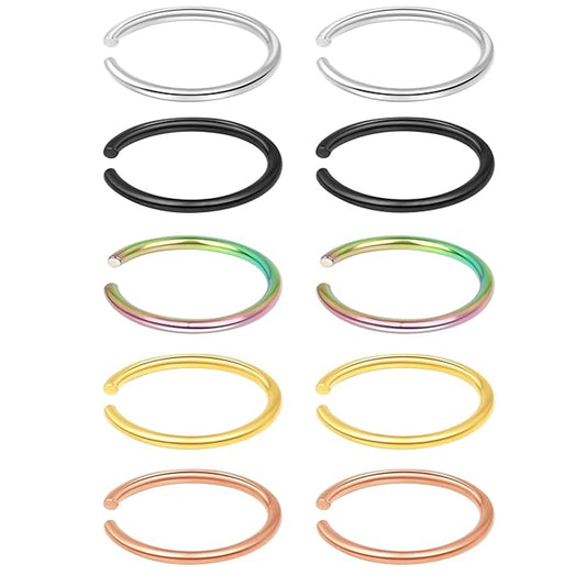 Set 10 inele nazale false din oțel inoxidabil – 8mm, 20G, culoare argintie, pentru femei și bărbați – fără piercing
