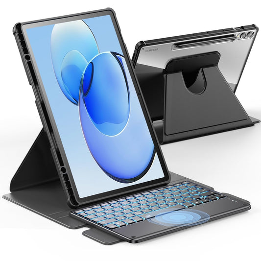 Keyboard Case for Samsung Galaxy Tab S10+ / S9 FE+ – German Backlit Bluetooth Keyboard, 360° Rotation, Precision Touchpad, Black