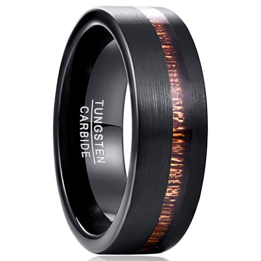 Herenring van Tungsten 8mm – Zwart Mat met Asymmetrische Houten Inleg (Maat 67 / Ø 21.3mm)