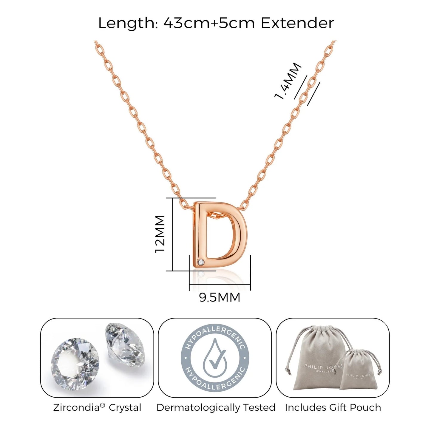 Ketting met rosegoud plating – letter ‘D’ met Zircondia® kristallen, lengte 43 cm + 5 cm verlenger