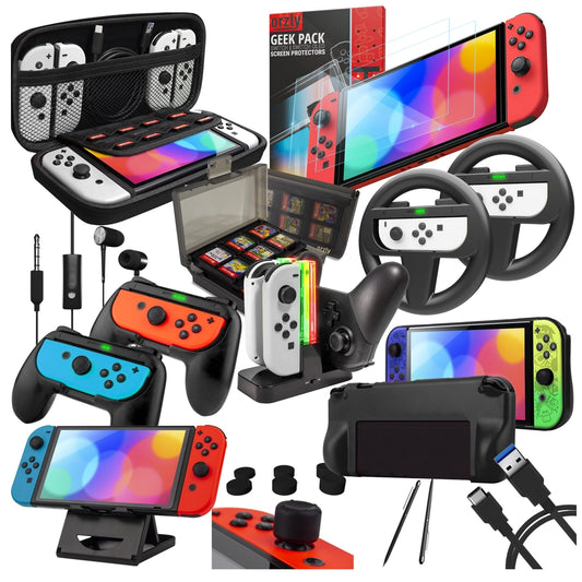 Kompletny zestaw akcesoriów do konsoli Nintendo Switch – etui, folia ochronna na ekran, uchwyty, kierownice wyścigowe, stacja ładująca i etui Comfort Grip – JetBlack