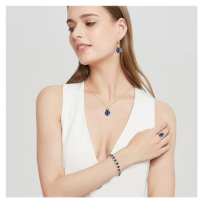 Set Glamour cu 4 Piese – Colier cu Pandantiv, Cercei, Brățară Tennis și Inel Deschis cu Zirconiu, Albastru & Auriu, pentru Nuntă sau Petrecere