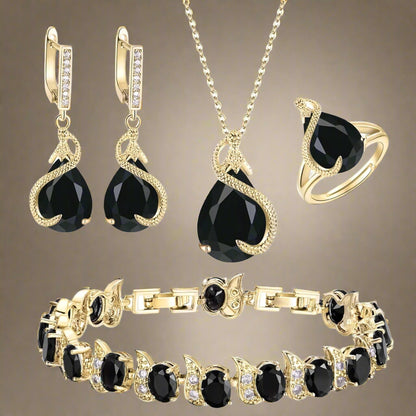 Set Glamour cu 4 Piese – Colier, Cercei, Brățară și Inel Deschis cu Zirconiu, Negru & Auriu, pentru Nuntă sau Petrecere