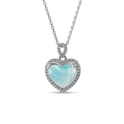 925 Zilveren Hart Ketting – Natuurlijke Larimar & Zirkonia, Gerhodineerd, 45,7 cm Ketting, 5,35 g