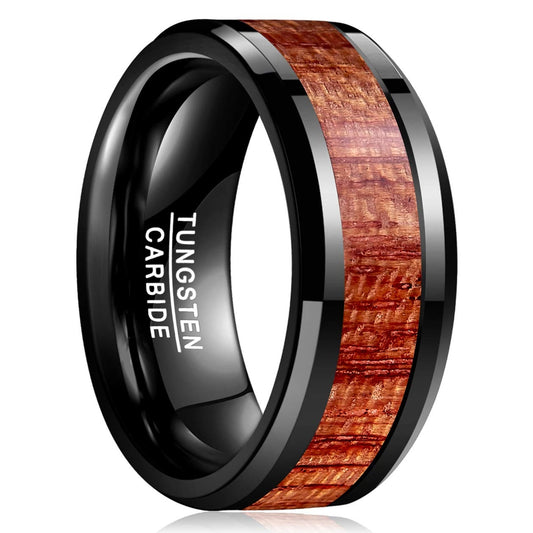 Zwarte Tungsten Ring met Houten Inleg – Uniseks Trouwring, Comfort Fit 10mm (Maat 75)